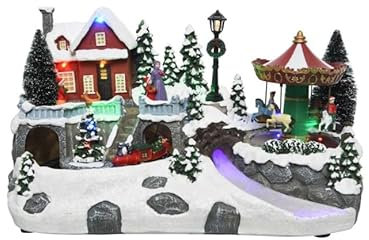 Chianese Villaggio Natalizio con Giostrina, Trenino in Movimento e Giostra con Cavalli Rotante – Decorazione Luminosa ed Animata per Interni – Dimensioni 19x34x19 cm – Atmosfera Magica Natalizia