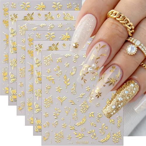 Auiremrti 6 Stück Goldene Nagelkunst-Aufkleber,3D-metallische Blumenblätter-Nagel-Abziehbilder,Goldene Kirschblüten-Blumen-Aufkleber,Schmetterlings-Nagel-Kunst-Design