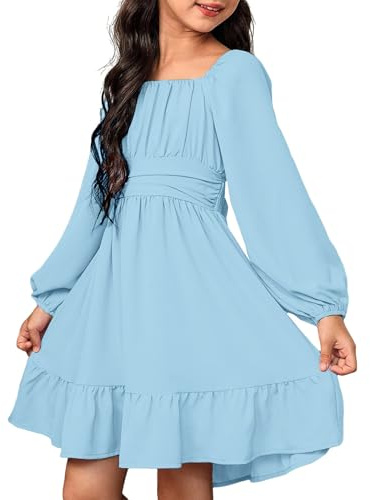 Mjjsk Vestido de Fiesta para Niñas Elegante de Otoño de Manga Larga con Lazo en la Espalda con Volantes Vestido de Princesa para Boda Cumpleaños Vestido Infantil Liso Línea A Vestidos Casuales, azul