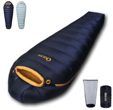 QEZER Sacco a pelo in piuma, fodera in grafene antistatico e super caldo, sacco a pelo ultraleggero 660 FP, temperature confortevoli da -8 °C a 16 °C (Blu scuro 1500)