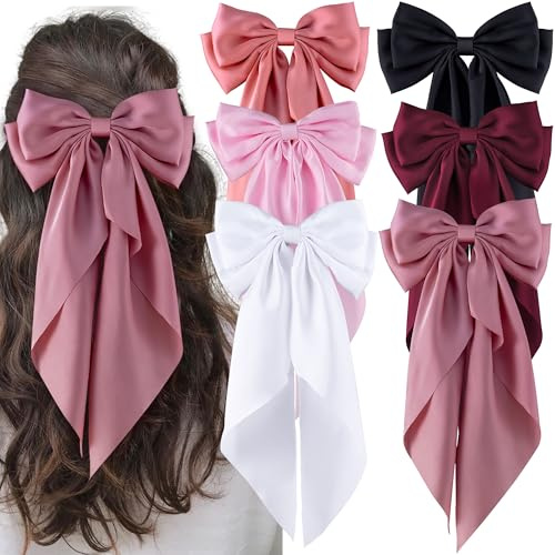 Cosblisvia 6Pcs Large Hair Bows, Silky Satin Hair Bow Clips for Women, Girls, Teens, Big Long Tail Bows for Weddings, Parties, Daily Wear (Black/Pink/Red/White)