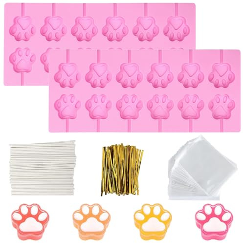 2PCS Silicone Cake Pop Mold Kits, 12 Cavities Silicone Lollipop Molds with 100PCS Treat Sticks, Bags and Twist Ties, Chocolate Lolly Moulds, for Baking Lollipop, Hard Candy, Chocolate