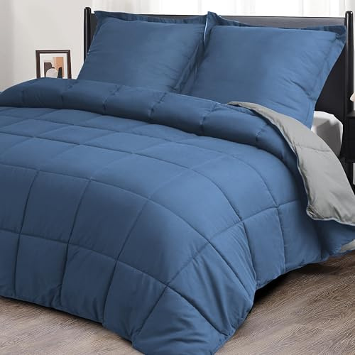 HIG - Edredón de Verano (3 Piezas, 200 x 200 cm, para Cama de Matrimonio, 150 g/m², Microfibra, Suave, Reversible, con 2 Fundas de Almohada de 65 x 65 cm, Certificado Oeko-Tex (Azul Gris/Gris Claro)