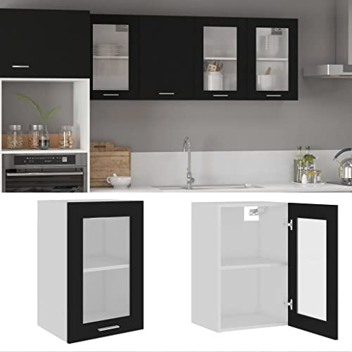 QZZCED Vetrina sospesa in legno massello Lione nero 40 x 31 x 60 cm, armadio da cucina con vetro e due ripiani, design funzionale per stoccaggio organizzato, pensile