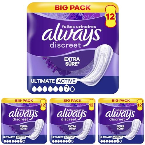 Always Discreet Serviettes Pour Fuites Urinaires Femmes Ultimate Active 12 Serviettes Protection Extra Sûre Et Discrétion Optimale (Lot de 4)
