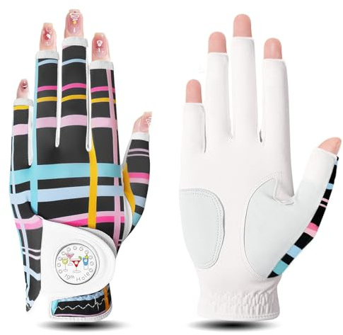 XJBTBA Golfhandskar Dam Vänster Hand Höger Pu Läder med ör Full Finger/Nagel Färger Value Pack, Opti-Color Dam Golf Handske Modemönster Väder med stabilt grepp för perfekt sving
