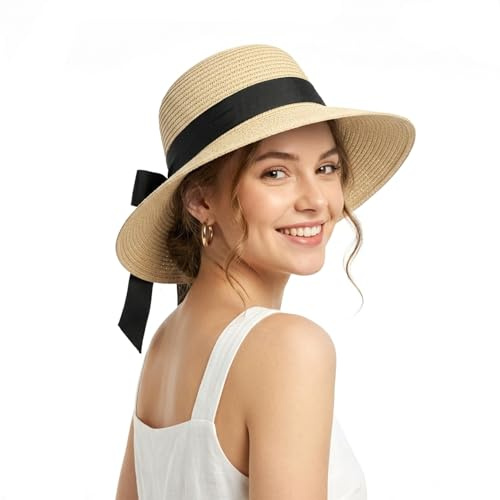 Ynport Crefreak Chapeau de Soleil en Paille à Large Bord pour Femmes avec nœud Noir, Chapeau de Plage d'été Pliable avec Protection UV pour Les Vacances et Le Port Quotidien