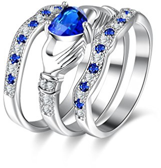 Feng Shui， Dam Blue Heart Irish Claddagh Ringar Stapling Förlovningslöfte Ringar 3 delar Set HR314