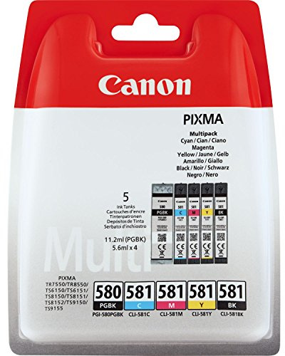 Canon Original PGI-580 PGBK, CLI-581 (C/M/Y/BK) Ink Cartridge - Black (Pack of 5), Packaging May Vary