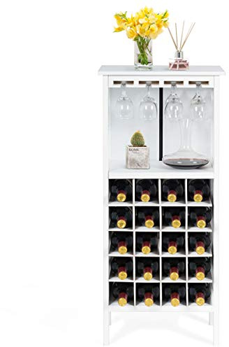 COSTWAY Cantinetta Portabottiglie in Legno, Scaffale per Vino con Portabicchiere/Calici, Portavino per 20 Bottiglie e 4 Calici, 42 x 24,5 x 96 cm (Bianco)