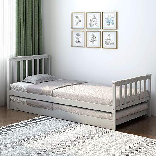Panana Pull-Out Bed Solid Pine Wood 2 in 1 Bed for Kids, 2 Single Bed for Children, Trundle Bed (Grey)