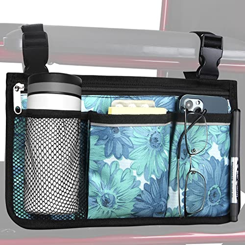 HSGEZUOQI Wheelchair Side Bag, Upgrade Flower Color Armrest Storage Pouch with Cup Holder and Reflective Strip Use of Waterproof Fabric, for Most Wheelchairs, Walkers or Rollators (Blue Floral)