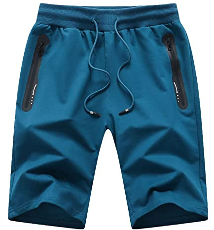 JustSun Pantalones Cortos Hombre Deporte Shorts Hombre Verano Algodon Deportivos Running con Bolsillos con Cremallera Calzonas Ropa Short Hombre Fitnes Gimnasio Azul Pavo Real L