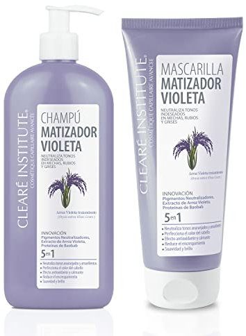 Clearé Institute | Champú Matizador Violeta + Mascarilla Matizante Morada | Mechas, Rubios y Grises | Neutraliza Tonos Indeseados | Especial Pelo Teñido, Rubio, Decolorado o Grises | 400ml + 200ml