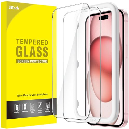 JETech Protector de Pantalla para iPhone 15 6,1 Pulgadas, Sin Burbujas, Cristal Vidrio Templado, con Marco de Instalación Fácil, Amigable para Funda, HD Transparente, 2 Unidades
