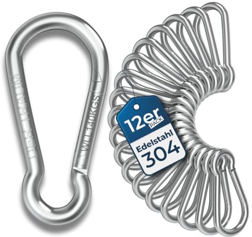 Der Traum 12 Stück Karabinerhaken Edelstahl, 6 x 60mm – Karabiner mit Belastbarkeit von 140 KG – Ideal für Schlüsselanhänger, Camping, Wandern, Reisen, Angeln, Rucksack (Silber)