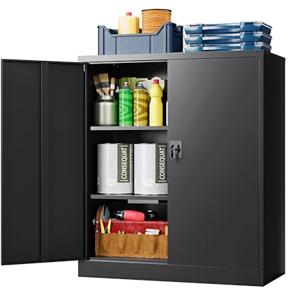 LISSIMO Metal Storage Cabinet, Wide & Deep Storage Cabinet with 2 Doors and Adjustable Shelves, Lockable Tool Cabinet for Garage,Home Office and School (Black)