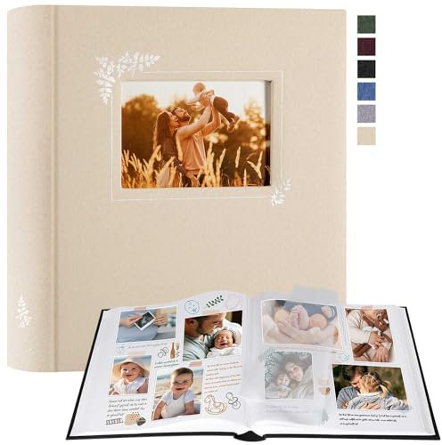 Lanpn Album Fotografico Scrapbooking, Grande Lino Design della finestra DIY Scrapbook 100 pagine bianche con divisori di cellofan per foto 9x13 cm 10x15 cm 13x18 cm (30x33,5cm, Beige)