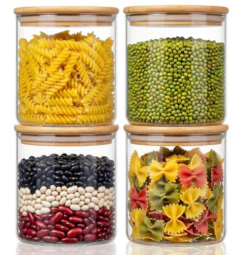 HomArtist 21oz - 4 Pack Glass Jars with Bamboo Lids, Glass Food Storage Containers with Airtight Lids, Air Tight Pantry Storage Containers for Coffee, Sugar, Spice, Meal Prep Jars for Salad & Fruit