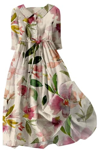 ORANDESIGNE Vestito Donna Estivo Elegante Floreale Abito Camicia Ampio Cerimonia Curvy Colorato Abiti Maniche Corte Scollo A V Vestiti Svasati Midi Cocktail Banchetto Sera a 09 XL