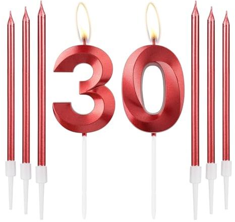 mciskin Velas Rojas de 30 Cumpleaños - Diseño 3D Número 30 Vela para Pastel con Set de 6 Velas Largas/Finas, Adorno Rojo para Pastel para Mujeres Decoraciones de 30 Cumpleaños, Decoraciones de 30
