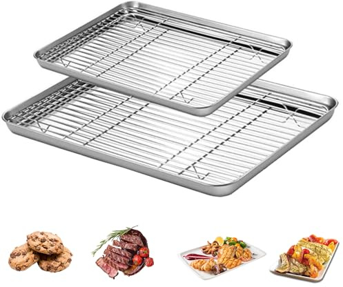Baking Tray with Rack Set (2 Trays + 2 Racks),31.5 x 24.5 x 2.5 cm & 40.5 x 30.5 x 2.5 cm Non Stick Oven Tray, Stainless Steel Cookie Sheet Pan with Cooling Rack for Baking Cooking Roasting Drying