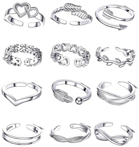 Solvayne 12 Stylish Adjustable Toe Rings for Women –Silver Rings, Adjustable, Perfect for Daily Wear and Special Occasions