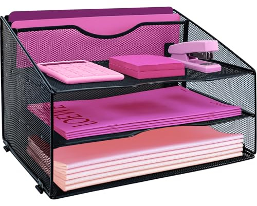 ideallife 3 Niveles Bandeja Organizador Escritorio y Documentos, Organizador de Archivos de Escritorio de Malla MetáLica con Bandejas Deslizantes, Folios A4, Carpetas Archivadoras Negro