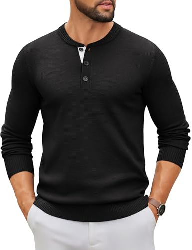 COOFANDY Pulls pour Hommes à Manches Longues Pull Henley Casual Henley T-Shirts Léger à Col Rond Pull Tricoté Noir M