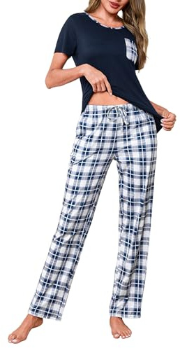 Demegimi Ensemble de Pyjama Femme Coton Vêtements de Nuit Col Rond à Manches Courtes Haut + Pantalon Long à Carreaux 2 Pièces pour l’Été et l’Automne