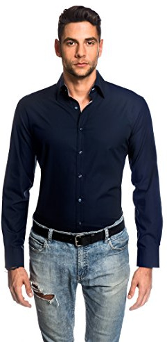 EMBRAER Camisa de Hombre, Ajustada Entallada (Slim-fit), 100% algodón, Manga-Larga, Cuello Kent, con entredós Interior en Color contrastante, Lisa - no Necesita Plancha Azul Oscuro 37-38