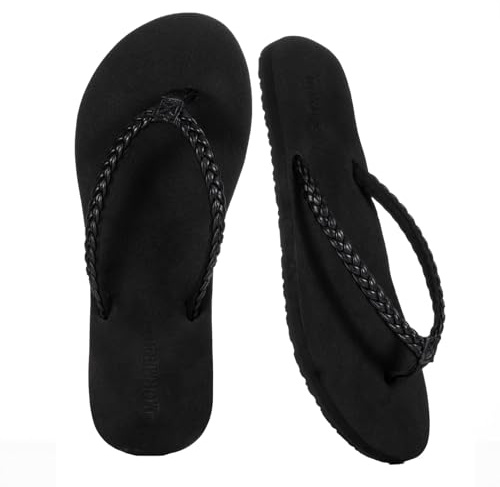 MORMIRAC Womens Slim Braided Comfortable Flip Flops Summer Beach Thong Sandals Arch Support Non Slip,Black US8