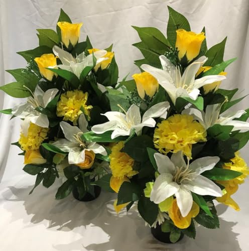 Silky Bouquets Flat-Back Grave Pot Pair – Handmade Artificial Yellow & White Rose, Carnation & Lily Silk Flower Arrangement, Elegant 14 Memorial Tribute, Lasting Cemetery Decoration