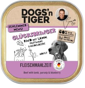 Dogs'n Tiger Bol porte-bonheur pour chien adulte, bœuf et agneau avec panais et myrtilles, 60 % de viande, sans céréales, sans sucre ajouté et conservateurs artificiels – 10 × 150 g