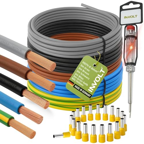 INVOLT H07V-K Verdrahtungsleitung 6mm² Set, 5x3m Kabel, 60 Aderendhülsen, Phasenprüfer
