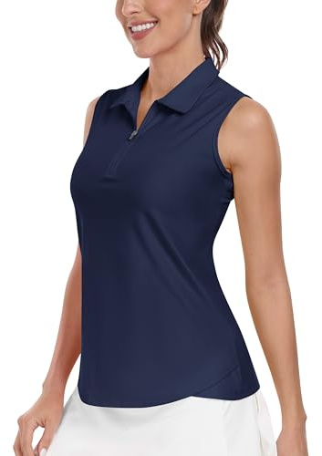 MoFiz Women's Sleeveless Golf Tennis Polo Shirts Zip Up Sports Workout Quick Dry Gym Yoga Tank Top Dark Blue UK S