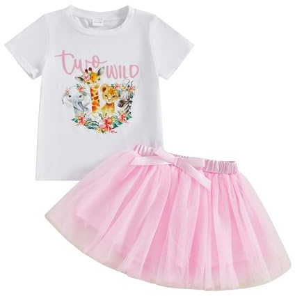 HZPHQY Toddler Baby Girl 2nd Birthday Outfit Two Wild Print Short Sleeve Shirt and Tutu Skirt (A Pink Two Wild, 18-24 Months)