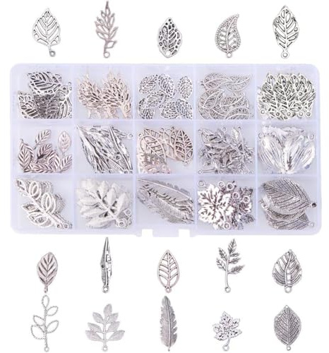 PandaHall 150 piezas 15 estilo hoja de árbol de plata antigua aleación tibetana dijes colgantes abalorios para DIY pulsera collar fabricación de joyas