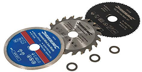 3 PACK – 85mm Mini Circular Saw Set – TCT Wood | HSS Metal | Diamond Tile Cutting Blades – 15mm Bore & 10mm Adapters – Cordless Saws/Cutter Disc Wheels Kit