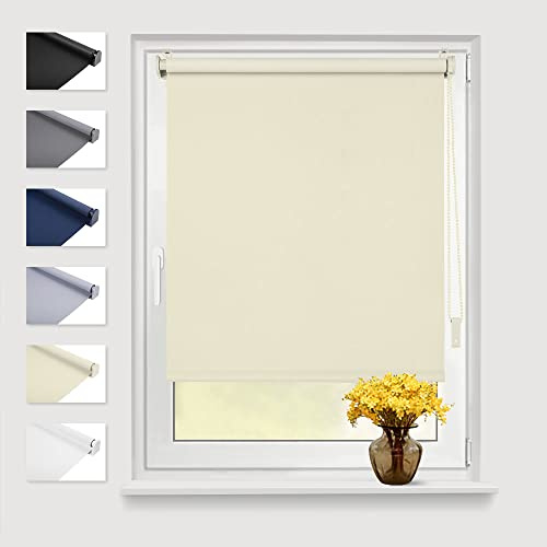 Eurohome Blackout Roller Blind Thermal Roller Blind 120 x 130 cm (Fabric Width 116 cm) Cream Klemmfix No Drilling with Same Colour Coating Side Pull Blind Oeko-Tex Standard 100 Clamping Roller Blind