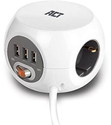 ACT Steckdosenwürfel mit USB,3-Fach Steckdosenleiste USB, USB-A 3-Port, mit Schalter, Mehrfachsteckdose Würfel Kabellänge 1,5m - AC2405