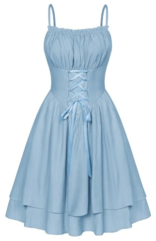 SCARLET DARKNESS Robe d'été Cottagecore pour Femme Robe Corset Taille Haute à Lacets Robe Fée Unie Bleu Clair M