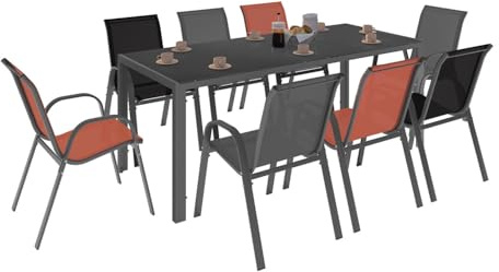 IDMarket - Salon de Jardin Madrid Table 190 cm et 8 chaises empilables | Coloris mix color gris, noir et terracotta