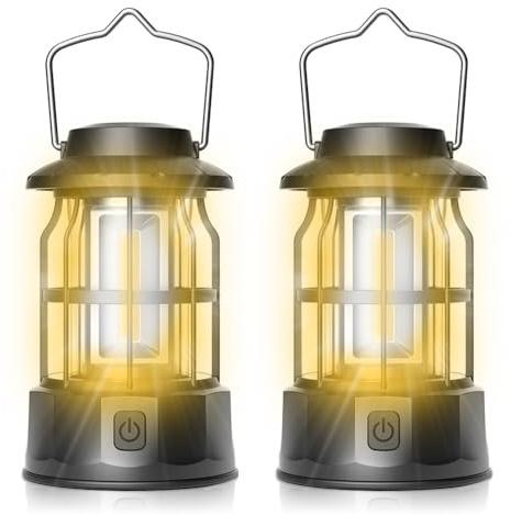 Aoreun Lampada LED da Campeggio, 2 Pezzi Lanterna da Campeggio Portatile Impermeabile, Lampada Campeggio Alimentato a Batteria con Gancio per Tenda, Escursionismo, Pesca, Emergenza
