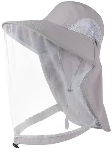 UPF50+ Outdoor Anti-Mosquito Hat with UV Protection, Breathable Foldable & Adjustable Mesh Sun Hat for Hiking Camping Fishing (US, Alpha, Large, 3X-Large, Light Gray)