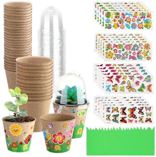 30pcs Flower Pot Crafts for Kids | Fibre Seed Pots | Biodegra-dable Seedling Pots | Small Flower Pots with Domes and 20 Sheets Stickers for Seedling Transplanting Planting Growing Kit for Kids