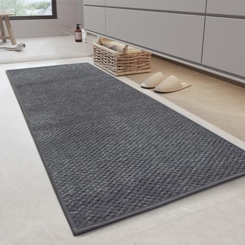 Cheerx Badteppich rutschfest Waschbar 70 x 120 cm, Badematte mit Gummi, Chenille Badezimmerteppich, Super Saugfähige Badvorleger, Bath Mat für Dusche,Badewanne und Toilette, Grau
