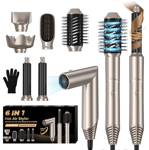 Hairstyler 6-i-1 hårtork med diffusor, luftlocktång, hårstyling, luftstyling, värmeborste, rund hårtork, varmluftsborste, luftstyling, plattborste, hårstyling, air styler airbrush-set, champagne-guld