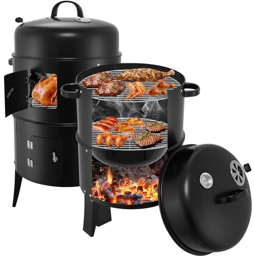 Worshow Forno per Affumicatura Multifonctionnel 3 in 1, Triplo Barbecue a Carbonella con Coperchio, Termometro e Bocchette Regolabili Per Affumicare, Grigliare e Cuocere al Forno