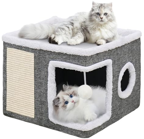 GOEDEKE Cat House for Indoor Cats, 2-Tier Large Cat Cave with Scratching Board & Pompom, Foldable Kitten Hideaway with Cushion, 41x41x32cm, Modern Cosy Cute Bed for Kittens, Puppies, Small Pets
